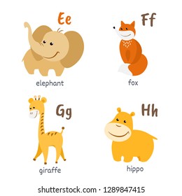 Animal alphabet with elephant fox giraffe hippo characters