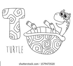 Animal alphabet English coloring turtle T