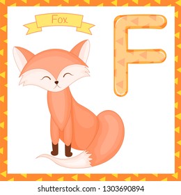 Animal Alphabet. F is for Fox. Vector Illustration of a Happy Fox . Cute Cartoon Fox Isolated.
