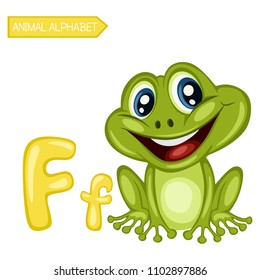 Animal Alphabet. F is Frog. Vector Illustration of a Happy Frog. Cute Cartoon Frog Isolated on a White Background. Happy Animals Set