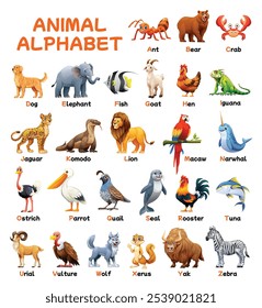 Animal alphabet featuring animals like ant, lion, and wolf for each letter of A to Z. Vector cartoon illustration