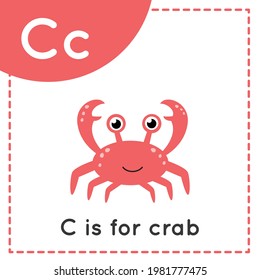 Animal alphabet flashcard for children. Learning letter C. C is for crab.