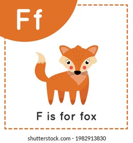 Animal alphabet flashcard for children. Learning letter F. F is for fox.