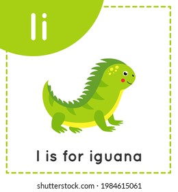 Animal alphabet flashcard for children. Learning letter I. I is for iguana.