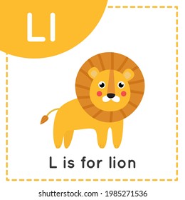 Animal alphabet flashcard for children. Learning letter L. L is for lion.