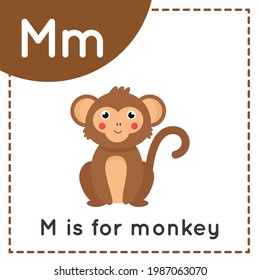 Tarjeta de alfabeto animal para niños. La letra de aprendizaje M. M es para el mono.