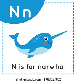 Animal alphabet flashcard for children. Learning letter N. N is for narwhal.