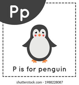 Animal alphabet flashcard for children. Learning letter P. P is for penguin.