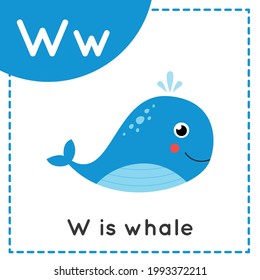 Animal alphabet flashcard for children. Learning letter W. W is for whale.