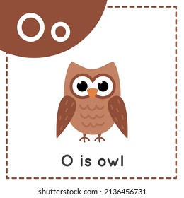 Animal alphabet flashcard for children. Learning letter O. O is for owl.