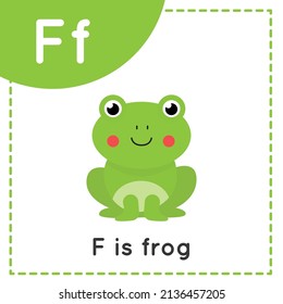 Animal alphabet flashcard for children. Learning letter F. F is for frog.