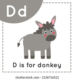 Animal alphabet flashcard for children. Learning letter D. D is for donkey.
