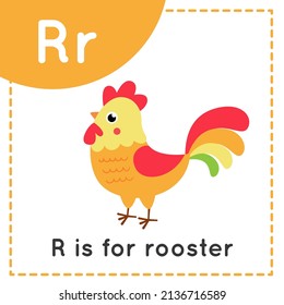 Animal alphabet flashcard for children. Learning letter R. R is for rooster.