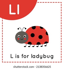 Animal alphabet flashcard for children. Learning letter L. L is for ladybug.
