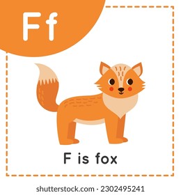 Animal alphabet flashcard for children. Learning letter F. F is for fox.