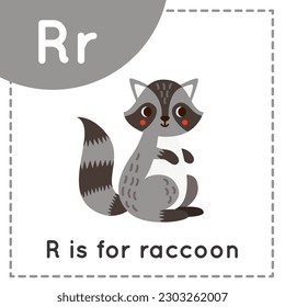 Animal alphabet flashcard for children. Learning letter R. R is for raccoon.