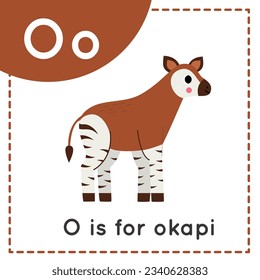 Animal alphabet flashcard for children. Learning letter O. O is for okapi.