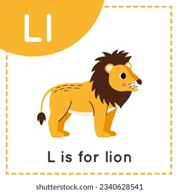 Animal alphabet flashcard for children. Learning letter L. L is for lion.