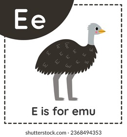 Animal alphabet flashcard for children. Learning letter E. E is for emu.