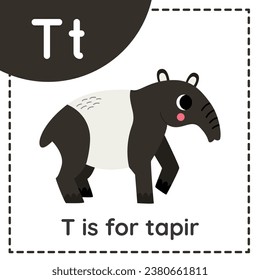 Animal alphabet flashcard for children. Learning letter T. t is for tapir.