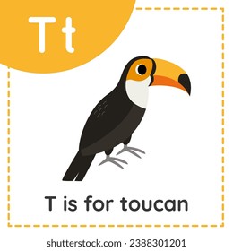 Tieralphabet-Taschenkarte für Kinder. Lernbrief t. Es ist für Toucan.