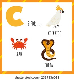 Animal alphabet flashcard for children. Learning letter с. с is for bear beaver butterfly.
