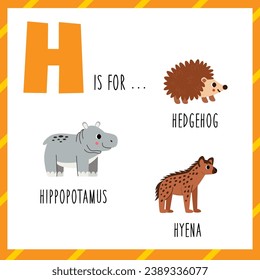 Animal alphabet flashcard for children. Learning letter H. H is for hedgehog hippopotamus hyena.