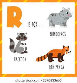 Animal alphabet flashcard for children. Learning letter R. R is for red panda, raccoon, rhinoceros.