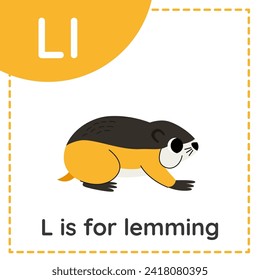 Animal alphabet flashcard for children. Learning letter L. L is for lemming.