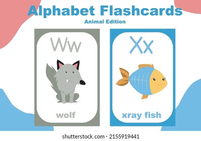 Animal alphabet flashcard. Educational printable flashcard. Vector illustrations.