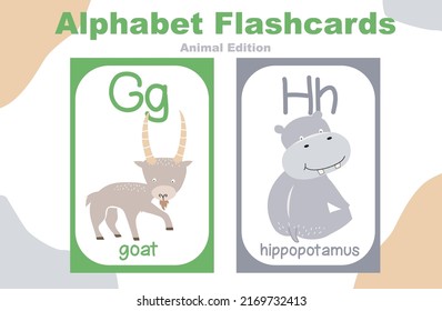 Animal alphabet flashcard. Educational printable flashcard. Vector illustrations.