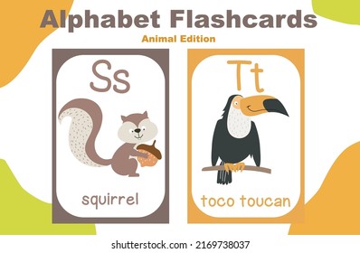 Animal alphabet flashcard. Educational printable flashcard. Vector illustrations.