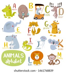 Animal alphabet graphic. Cute vector Zoo alphabet with animals in cartoon style.
