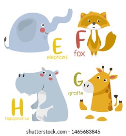 Animal alphabet graphic E to F. Cute vector Zoo alphabet with animals in cartoon style.