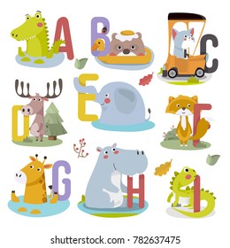Animal alphabet graphic A to I. Cute vector Zoo alphabet with animals in cartoon style.