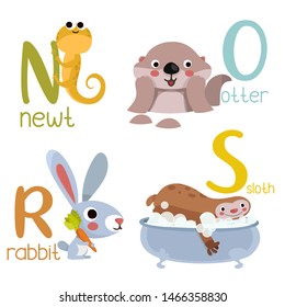 Animal alphabet graphic N to S. Cute vector Zoo alphabet with animals in cartoon style.