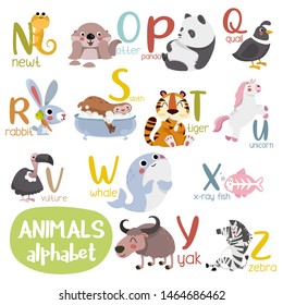 Animal alphabet graphic N to Z. Cute vector Zoo alphabet with animals in cartoon style.