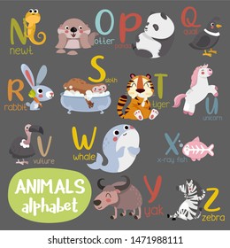 Animal alphabet graphic N to Z. Cute vector Zoo alphabet with animals in cartoon style.