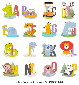 Animal alphabet graphic A to P. Cute vector Zoo alphabet with animals in cartoon style.