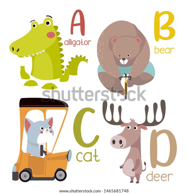 Animal alphabet graphic A to P. Cute\
vector Zoo alphabet with animals in cartoon\
style.