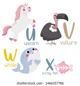 Animal alphabet graphic U to X. Cute vector Zoo alphabet with animals in cartoon style.