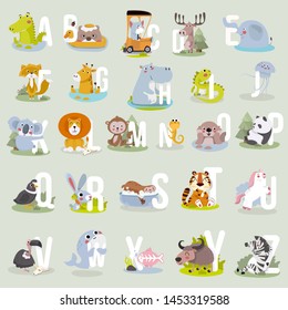 Animal alphabet graphic A to Z. Cute vector Zoo alphabet with animals in cartoon style.