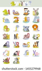 Animal alphabet graphic A to Z. Cute vector Zoo alphabet with animals in cartoon style.