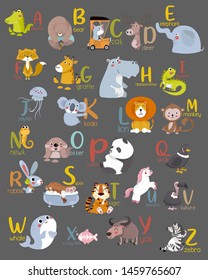 Animal alphabet graphic A to Z. Cute vector Zoo alphabet with animals in cartoon style.