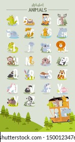 Animal alphabet graphic A to Z. Cute vector Zoo alphabet with animals in cartoon style.
