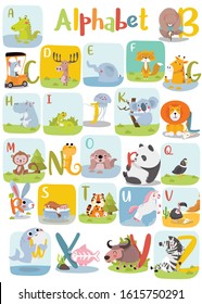 Animal alphabet graphic A to Z. Cute vector Zoo alphabet with animals in cartoon style.