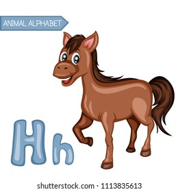 Animal Alphabet. H is for Horse. Vector Illustration of a Happy Horse. Cute Cartoon Horse Isolated on a White Background. Happy Animals Set