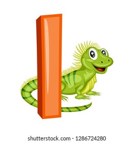 Animal Alphabet. I is for Iguana. Vector Illustration of a Happy Iguana. Cute Cartoon Iguana Isolated on a White Background. Happy Animals Set