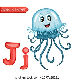 Animal Alphabet. J is for Jellyfish. Vector Illustration of a Happy Jellyfish . Cute Cartoon Jellyfish  Isolated on a White Background. Happy Animals Set