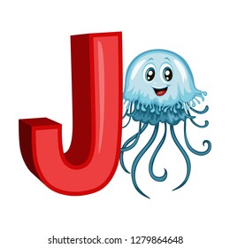 Animal Alphabet. J is for Jellyfish. Vector Illustration of a Happy Jellyfish . Cute Cartoon Jellyfish  Isolated on a White Background. Happy Animals Set